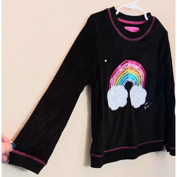 3/10 Betsey Johnson Girl's Velour Sequined Rainbow Top Size 6 Black Embellished - Picture 6 of 10